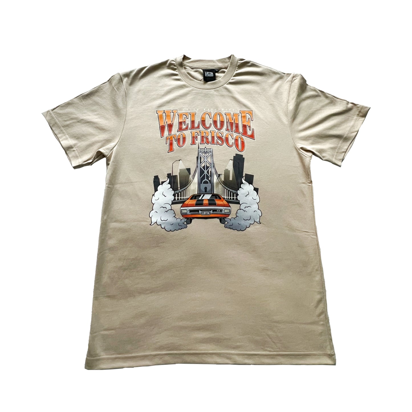 Beige t-shirt with 'Welcome to Frisco' graphic design on a white background