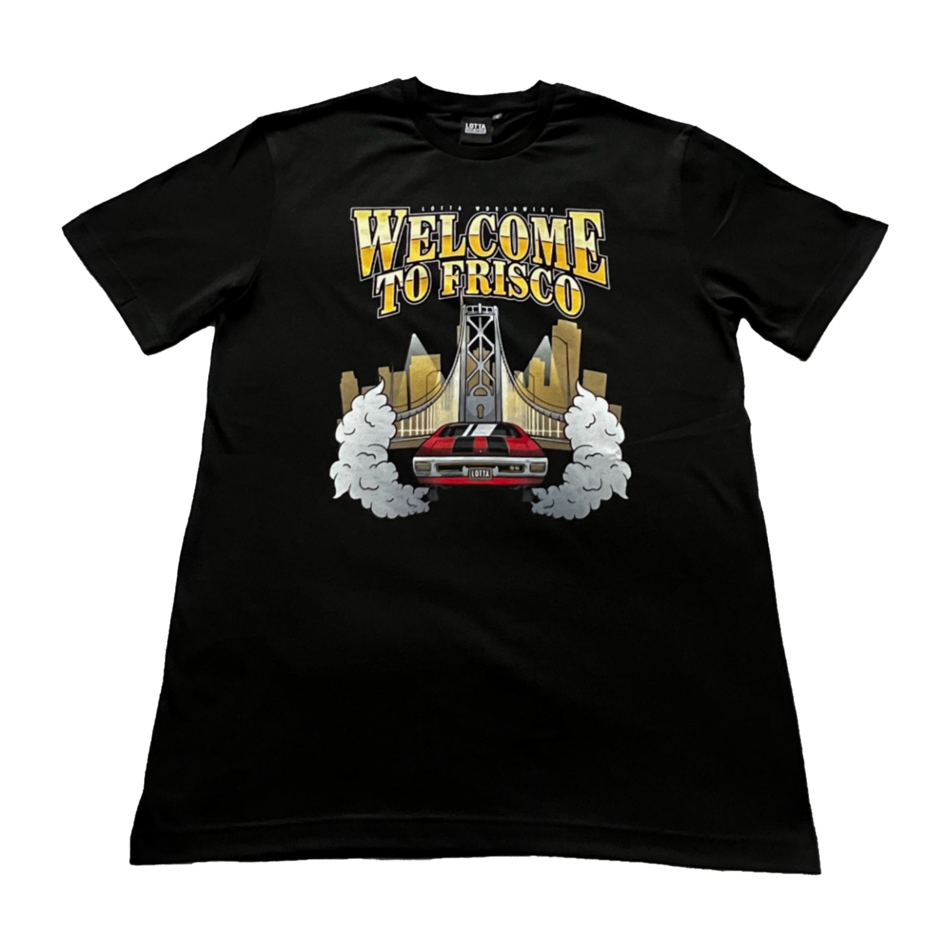 Black t-shirt with 'Welcome to Frisco' graphic design on a white background