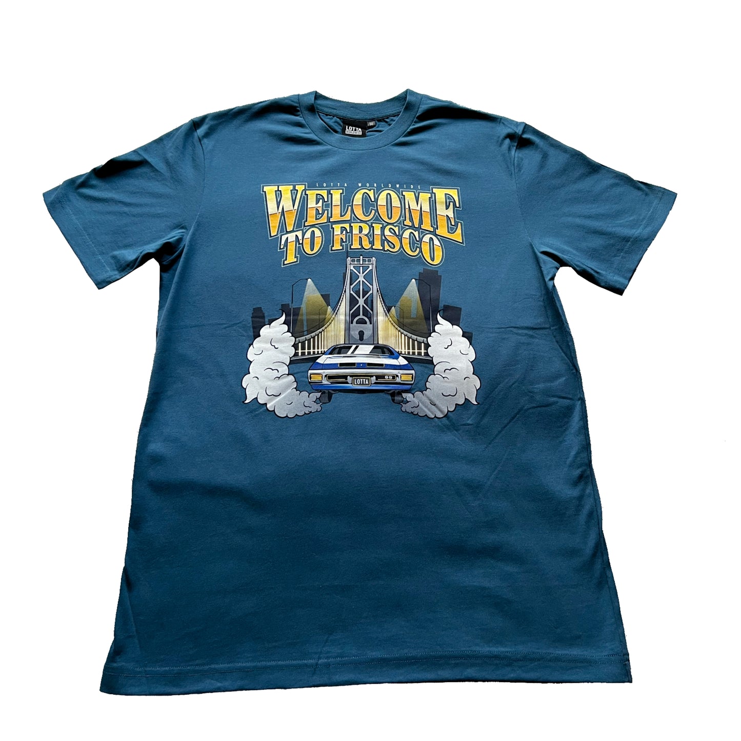 Blue t-shirt with 'Welcome to Frisco' graphic design on a white background

