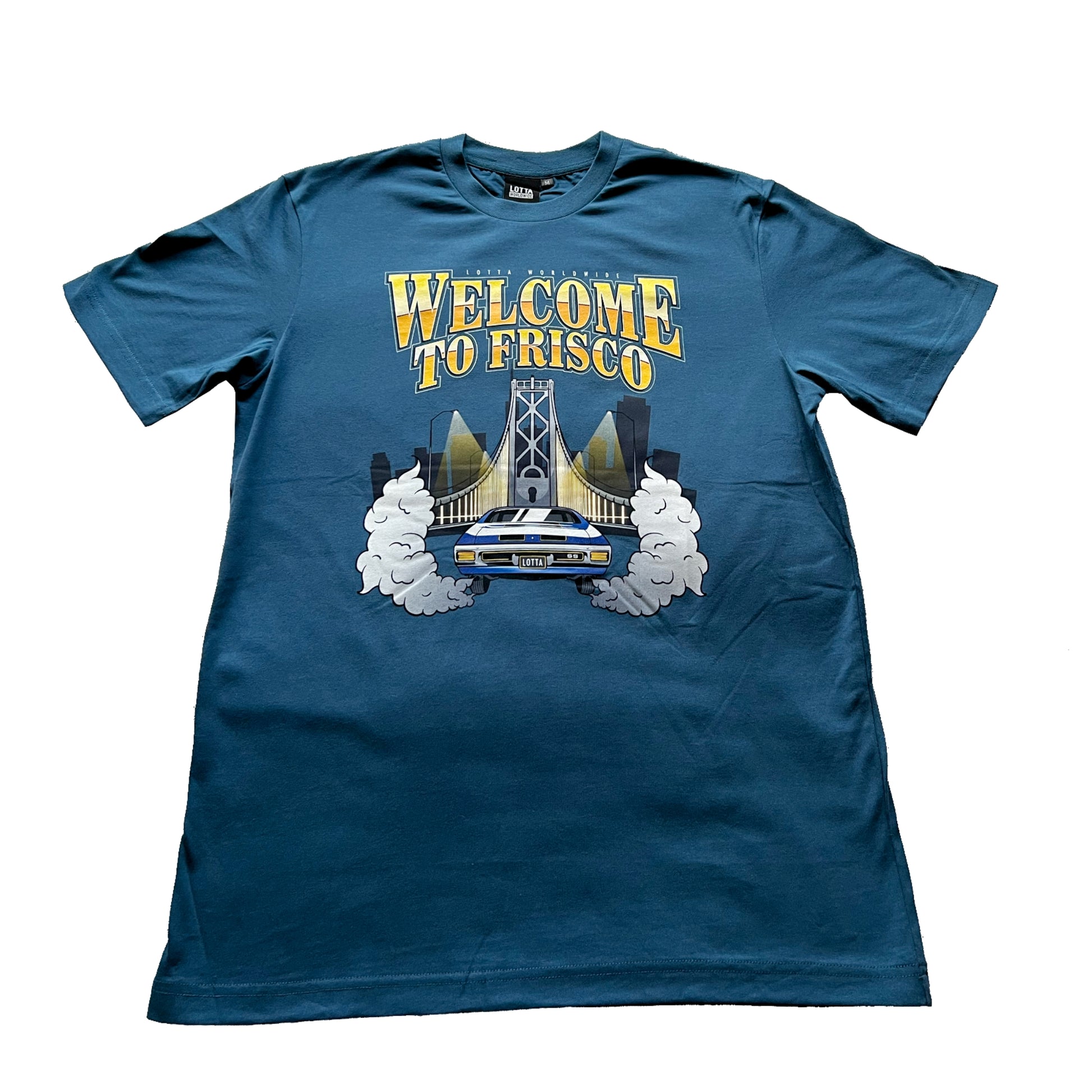 Blue t-shirt with 'Welcome to Frisco' graphic design on a white background

